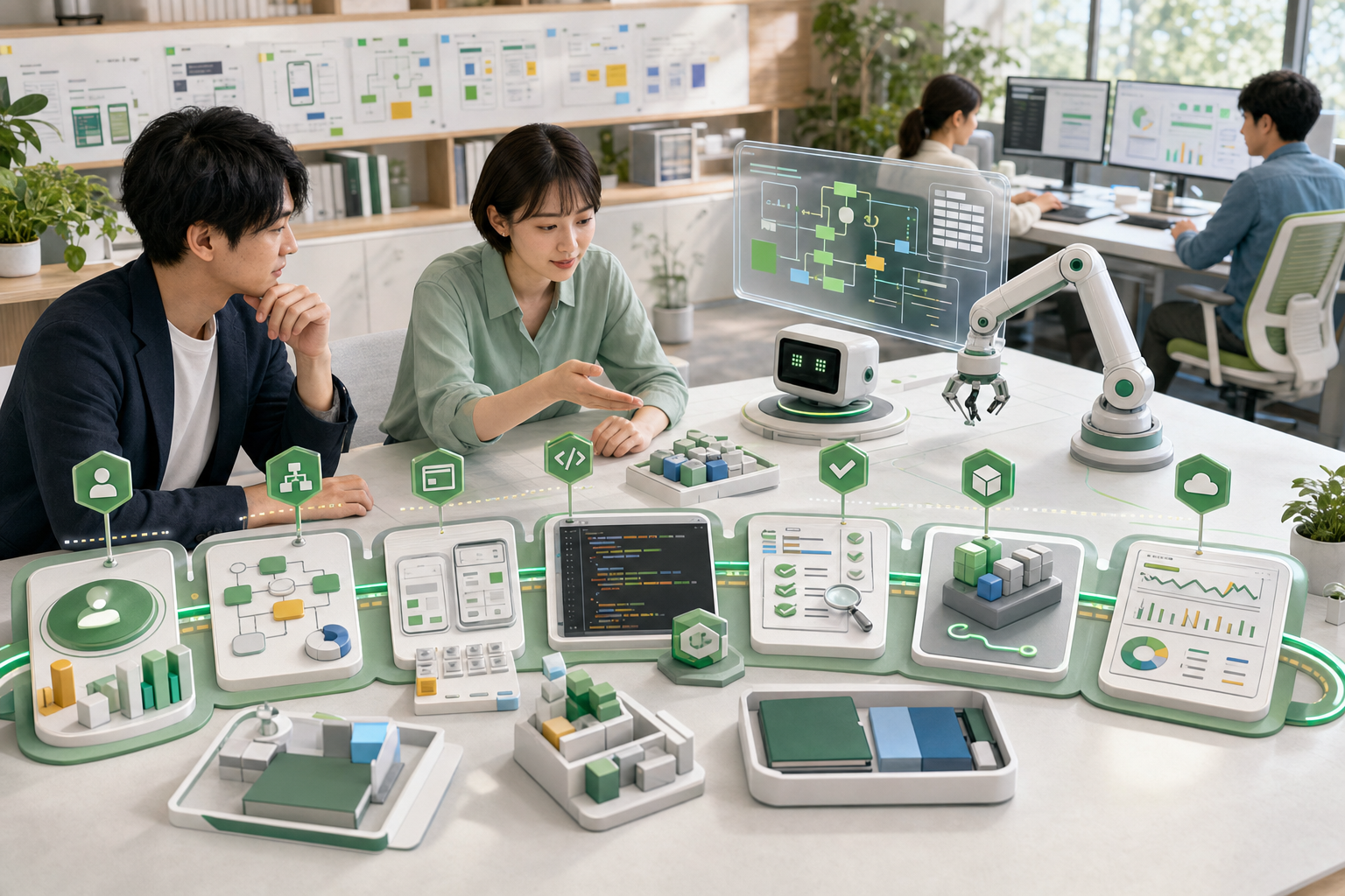 人とAIが要件、設計、実装、検証、運用を一つの流れとして進めるイメージ
